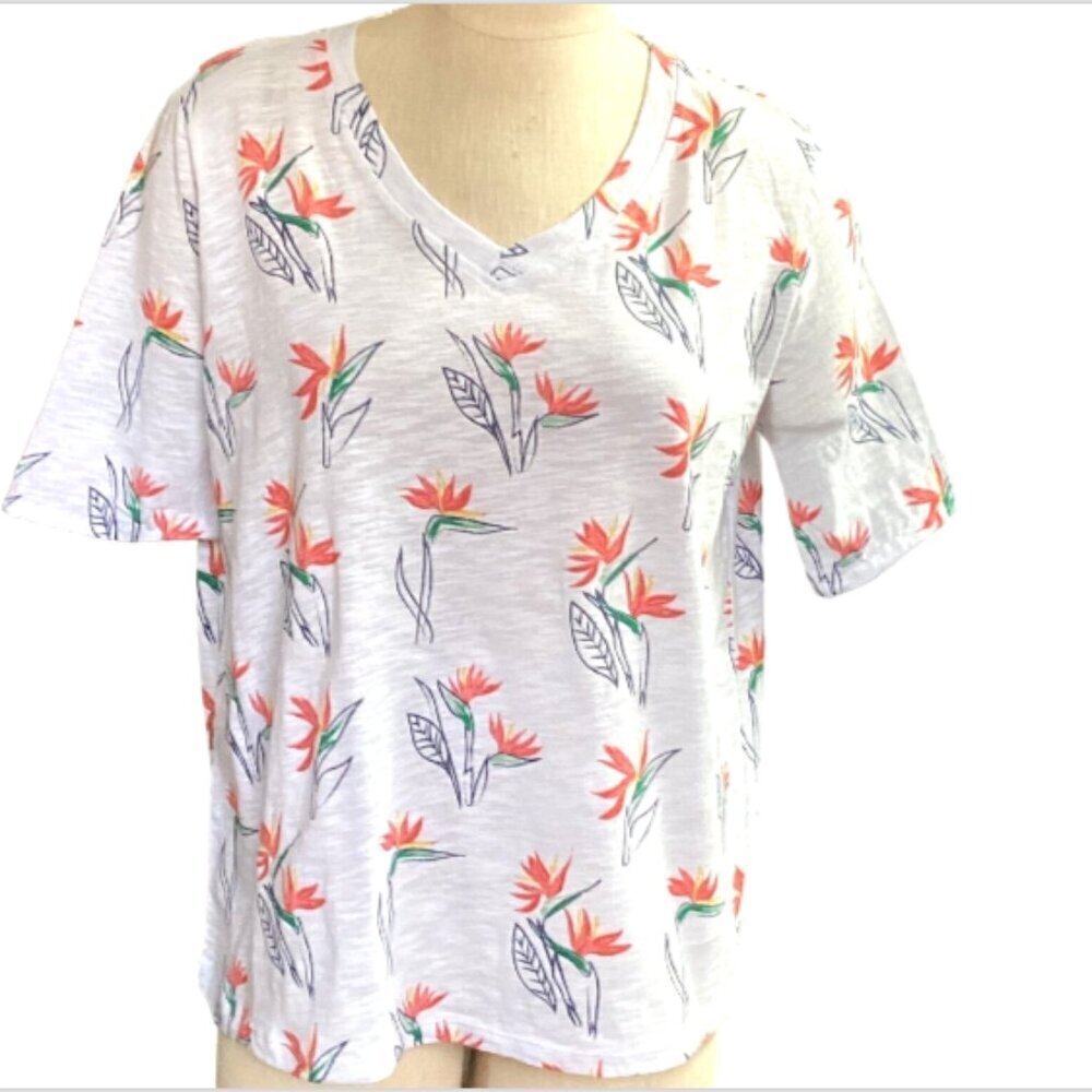 Fresh Produce Bird of Paradise Novelty Print Tee V-Neck‎ Short Sleeve Sz M #159E